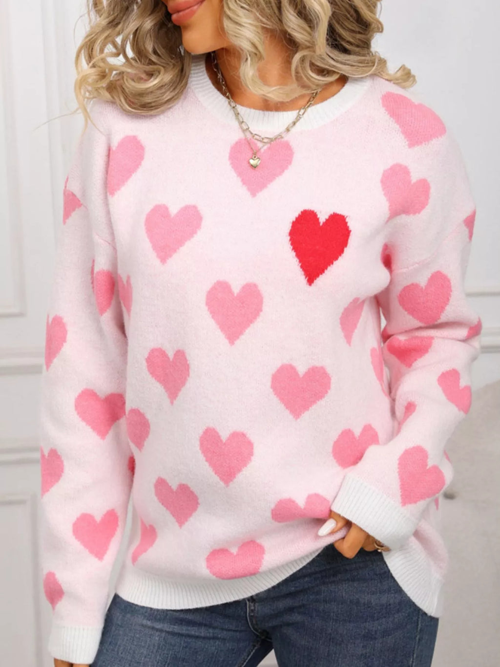 Valentines Day Heart Crew Neck Sweater in White in Black for Women