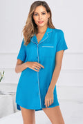 Contrast Piping Pocketed Short Sleeve Lounge Dress in Sky Blue for Women