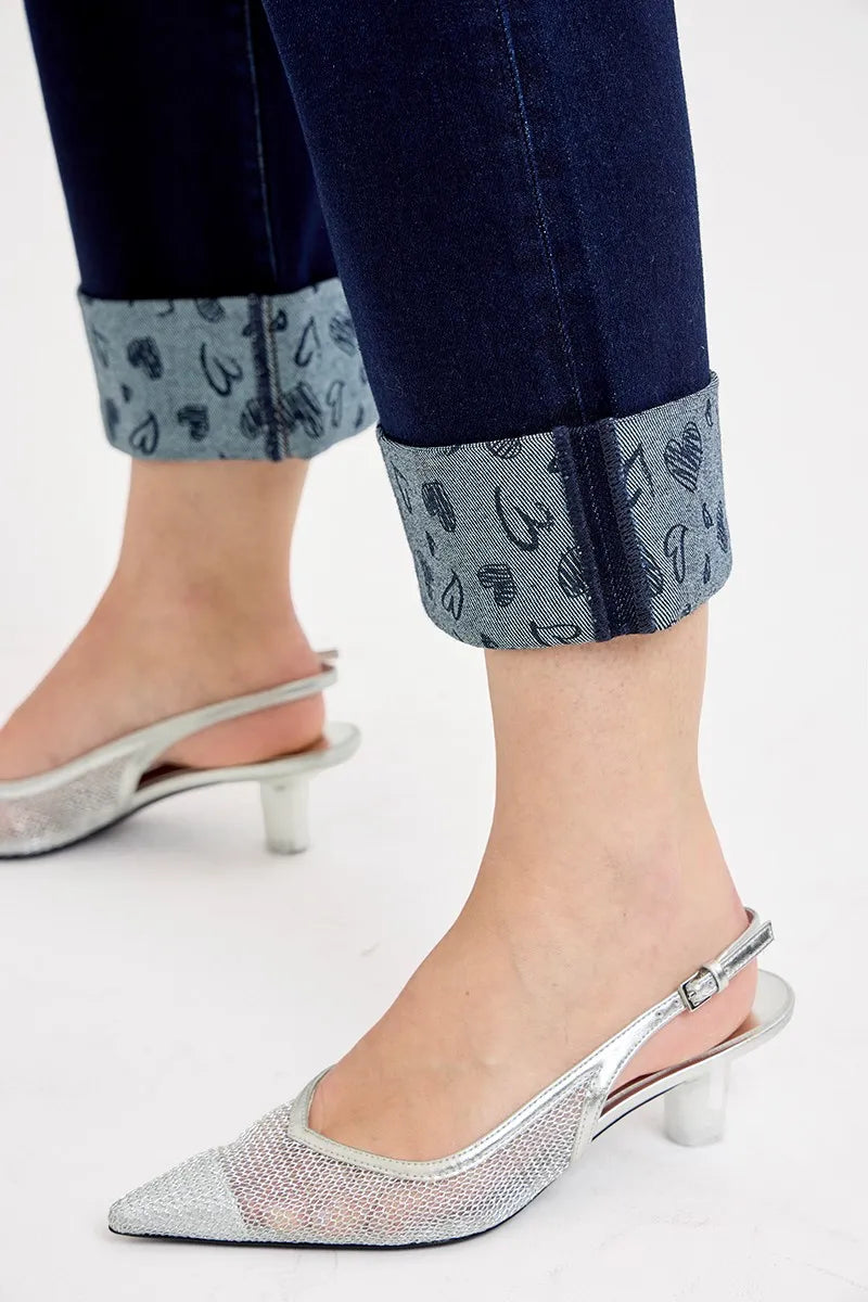 Mid Rise Fit Crop Wide with Printed Cuff Jeans Plus Size in Dark for Women