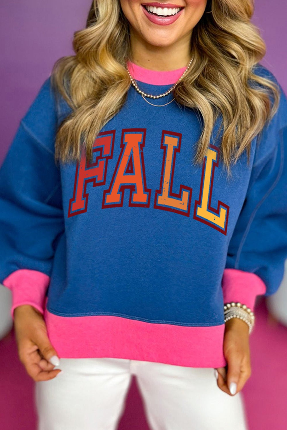 Fall Letter Graphic Crewneck Sweatshirt in Royal Blue for Women