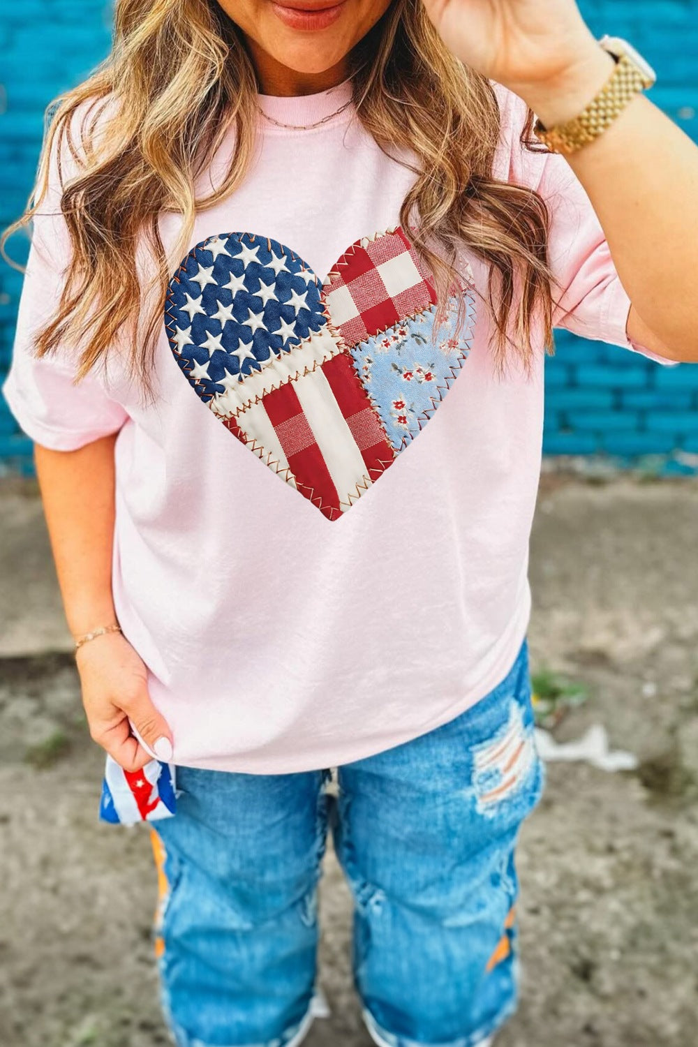 Patriotic Heart Round Neck Tee in Pale Blush for Women