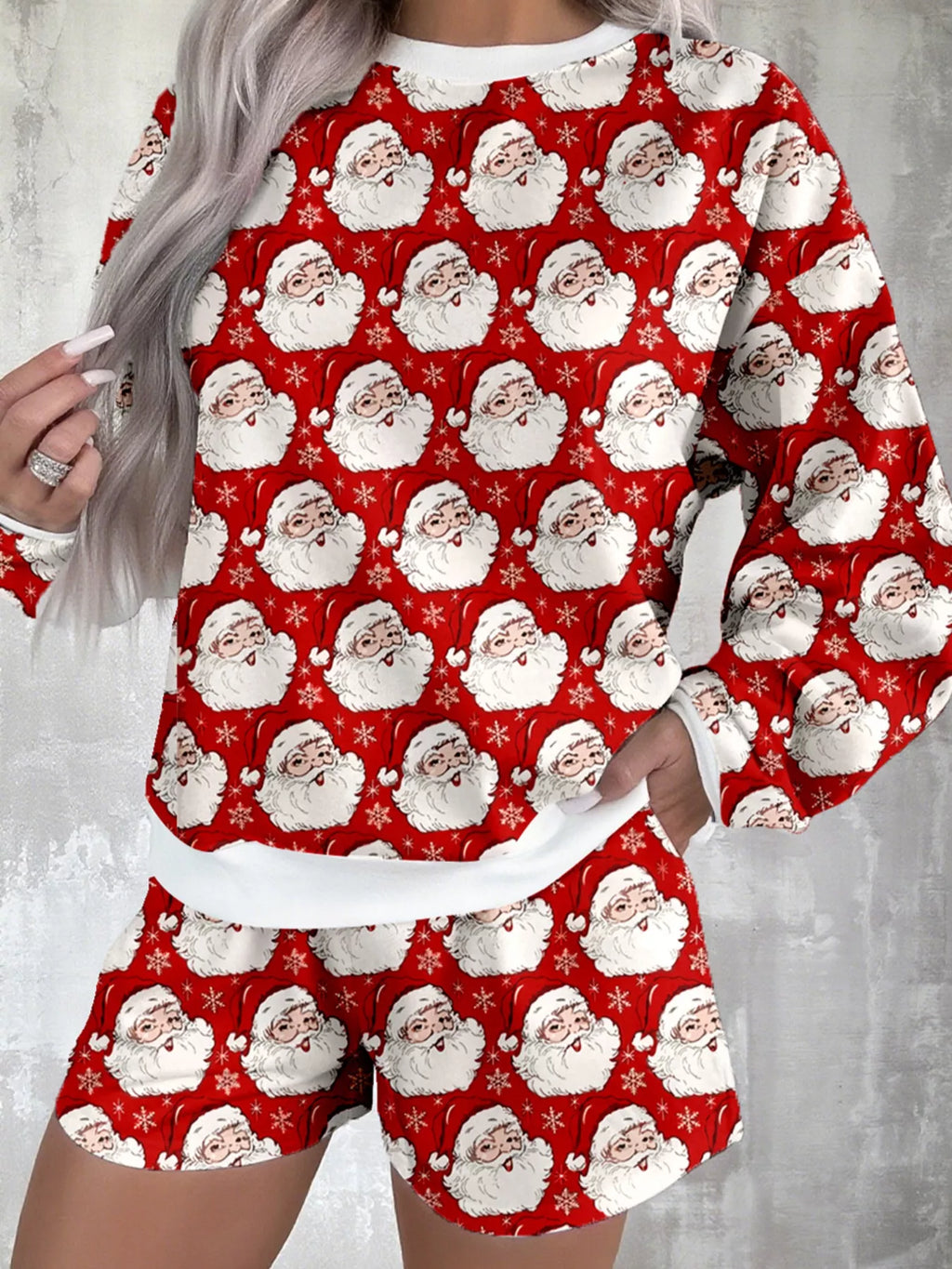 Christmas Santa Print Round Neck Top and Shorts Lounge Set in Dusty Pink for Women