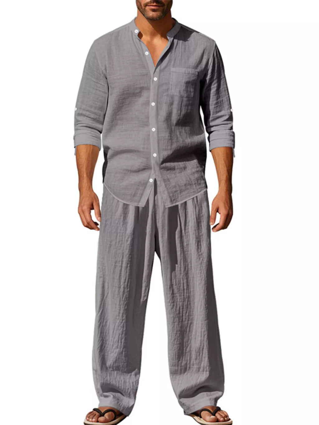Button Up Long Sleeve Shirt and Pants Plus Size in White for Men