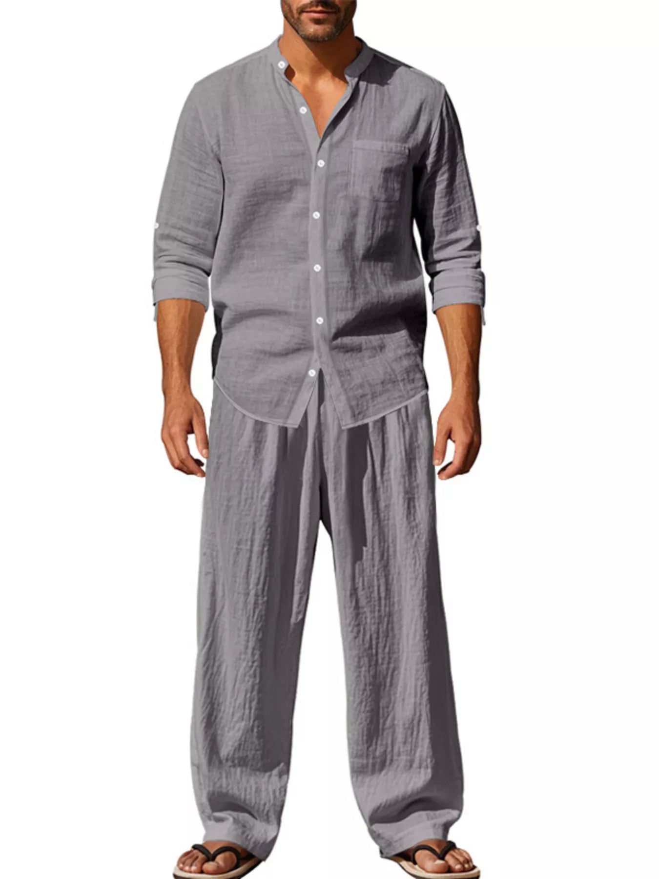 Button Up Long Sleeve Shirt and Pants Plus Size in White for Men