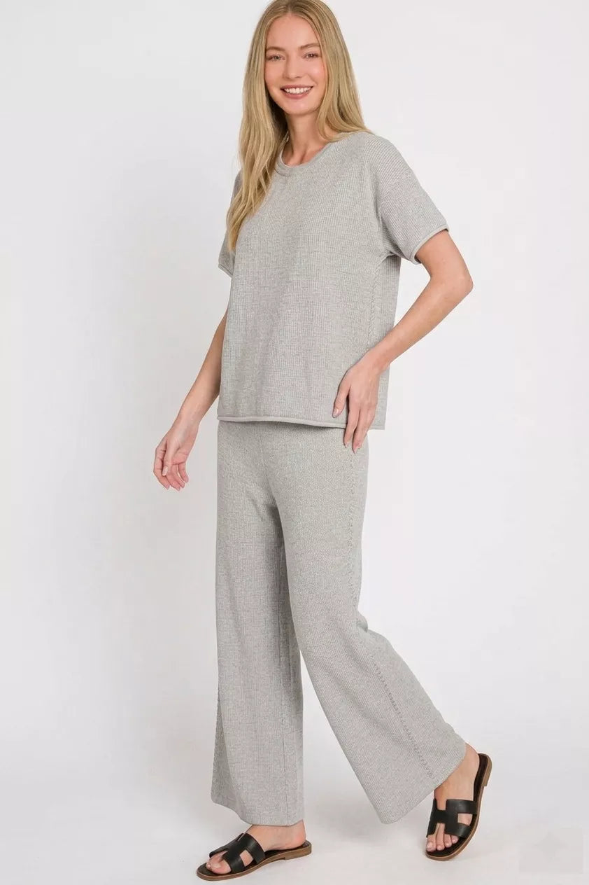 Viscose Round Neck Top & Pants Set in Heather Grey for Women