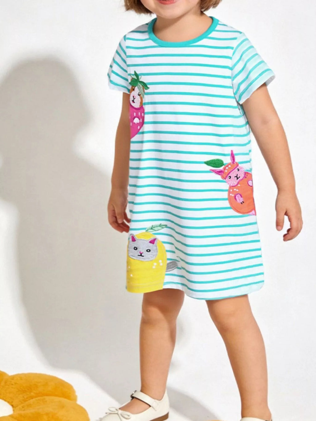Animal Embroidered Striped Casual Dress in Mint Blue for Girls