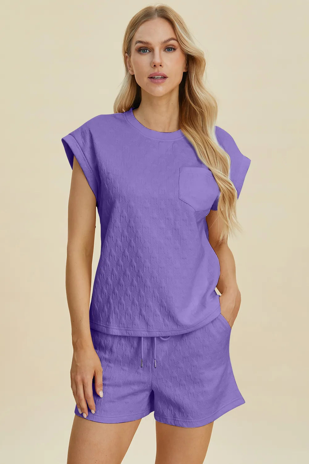 Plus Size Pocketed Texture Round Neck Top and Shorts Set in Lavender for Women