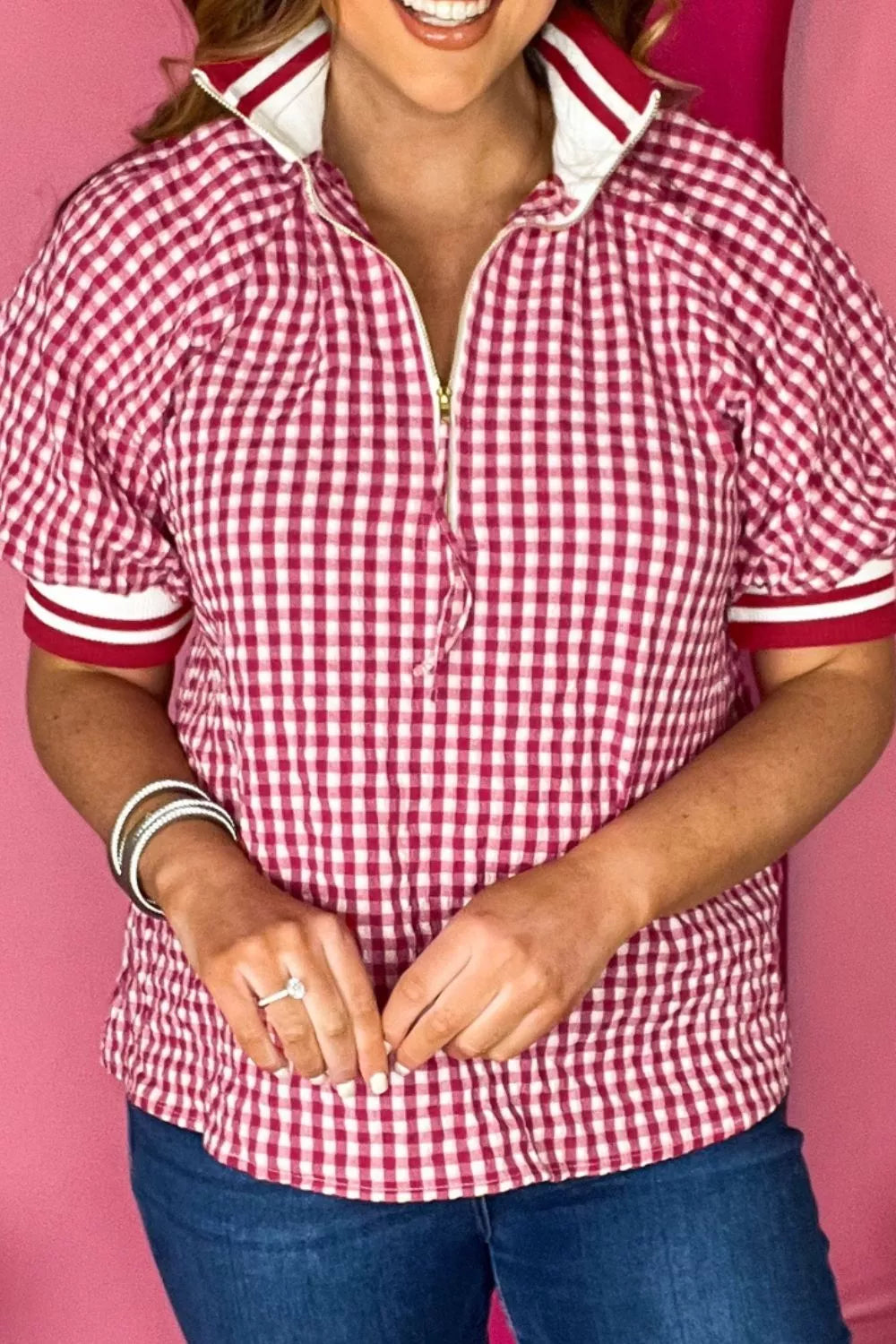 Gingham Puff Sleeve Quarter Zip Blouse in Deep Rose for Women