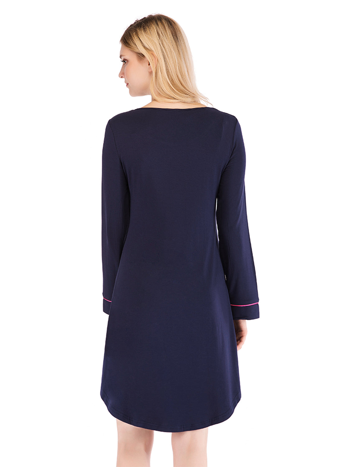 Round Neck Night Dress with Pocket in Dark Navy for Women