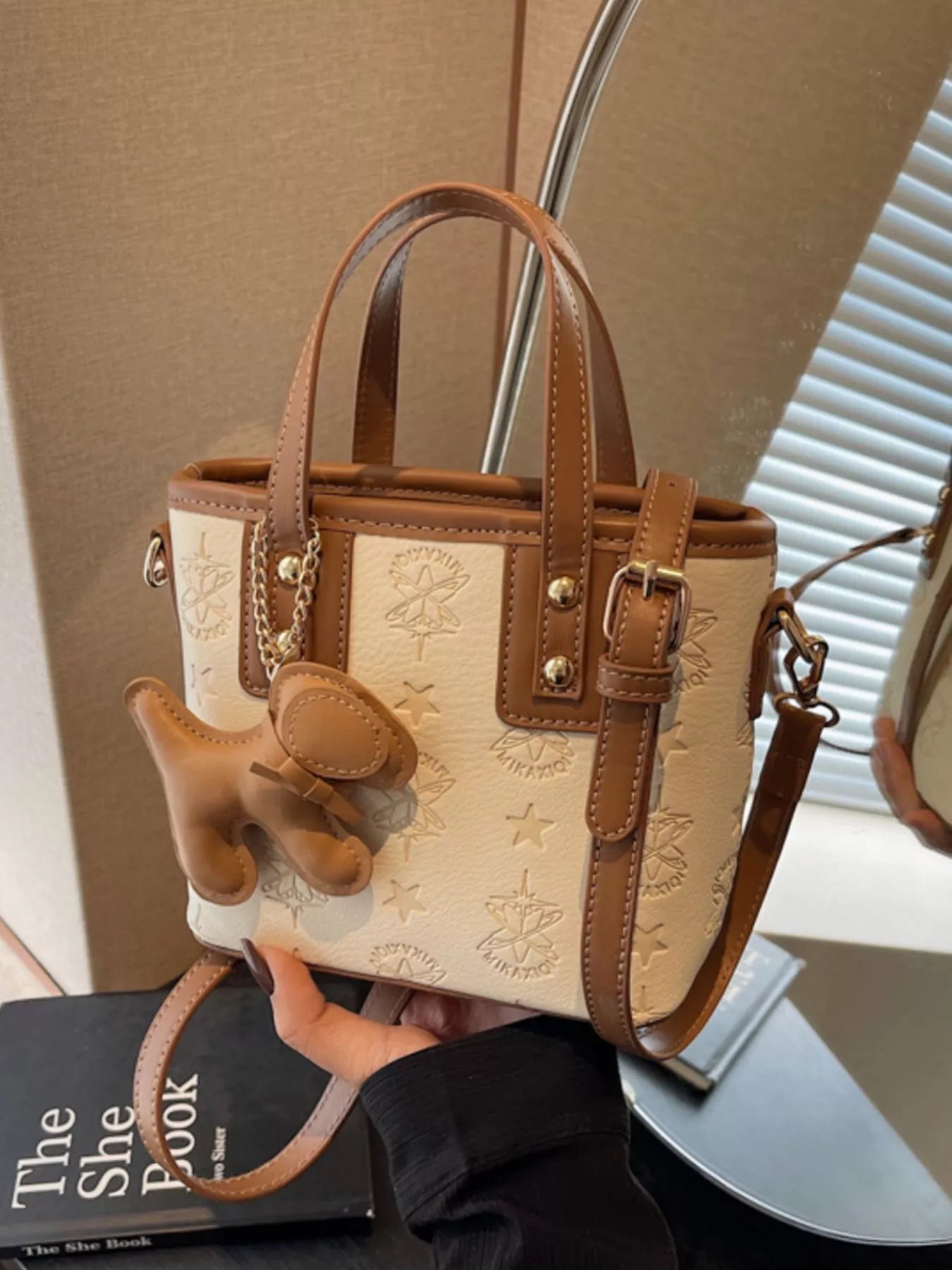 Embossed Pattern Dog Charm Crossbody Bag in Beige for Women