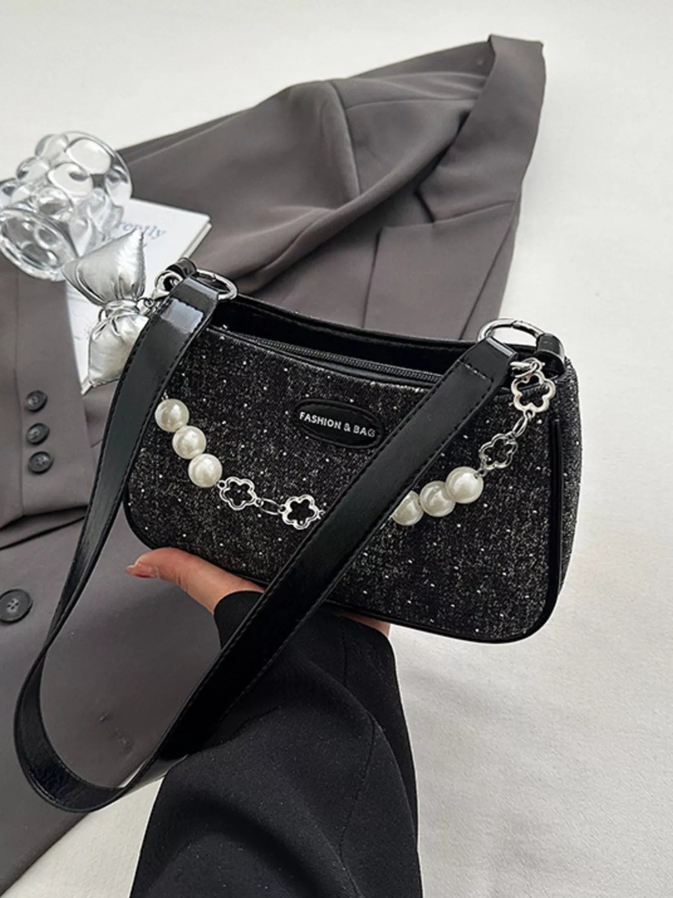 Pearl Chain Shoulder Bag in Black for Women
