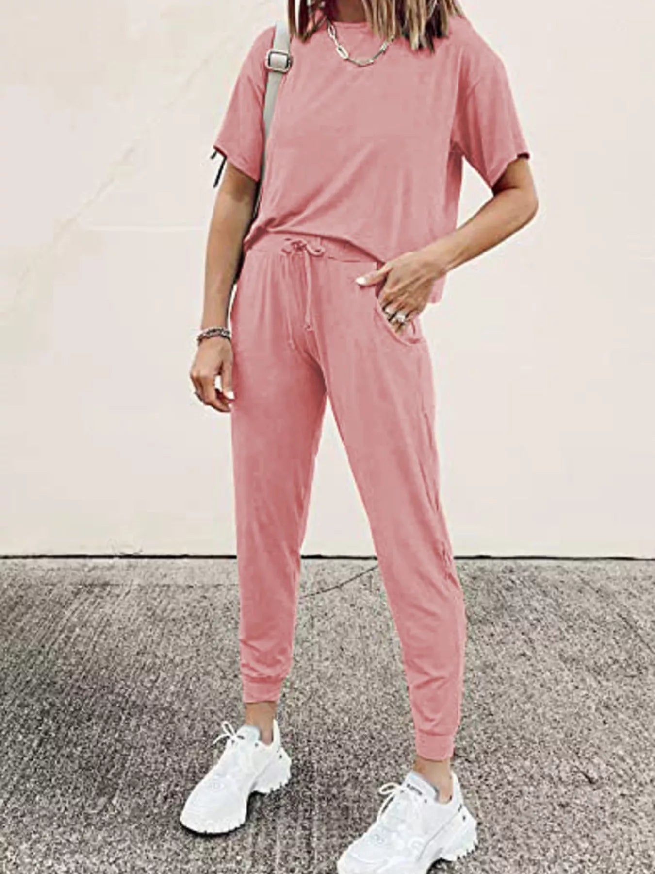 Round Neck Top and Drawstring Pants Set Plus Size in Pink for Women