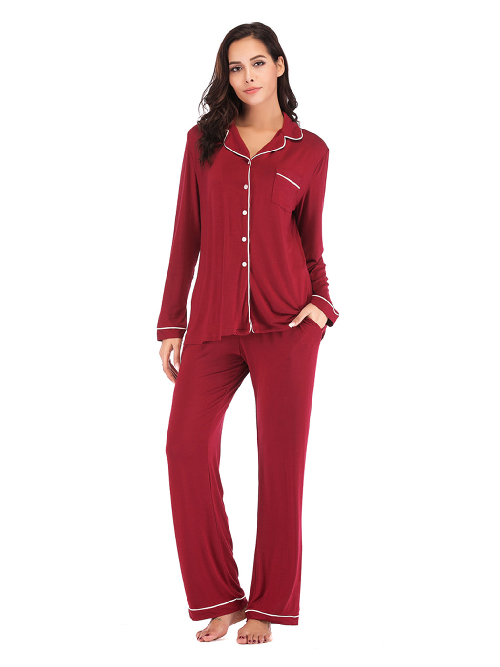 Collared Neck Long Sleeve Loungewear Set with Pockets in Peacock Blue for Women