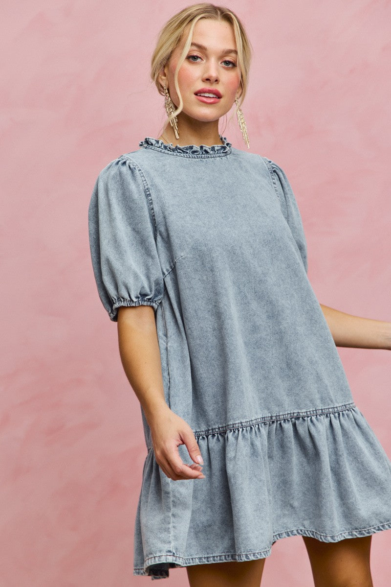 Denim Short Sleeves Mini Tiered Dress for Women