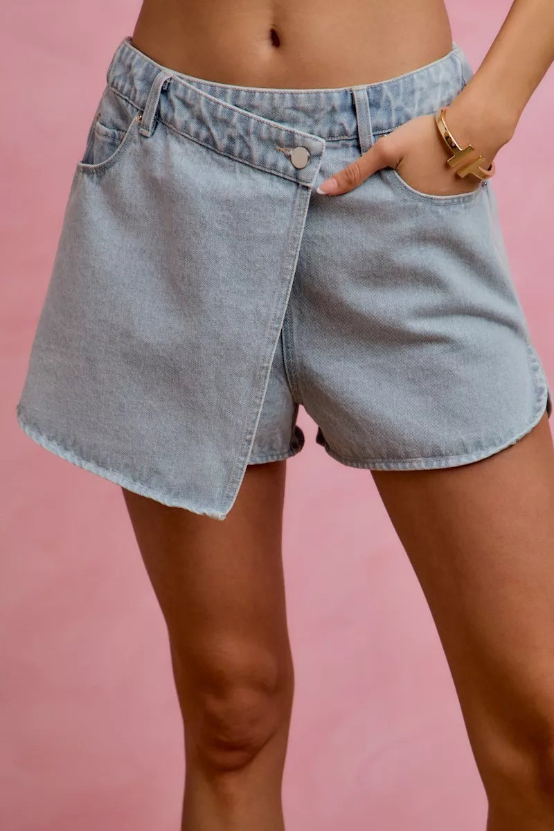 Washed Denim Wrap Skorts for Women