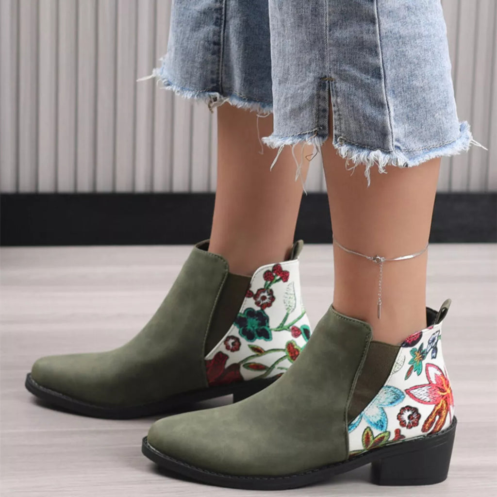 Point Toe Block Heels Ankle Boots in Pure Green for Women