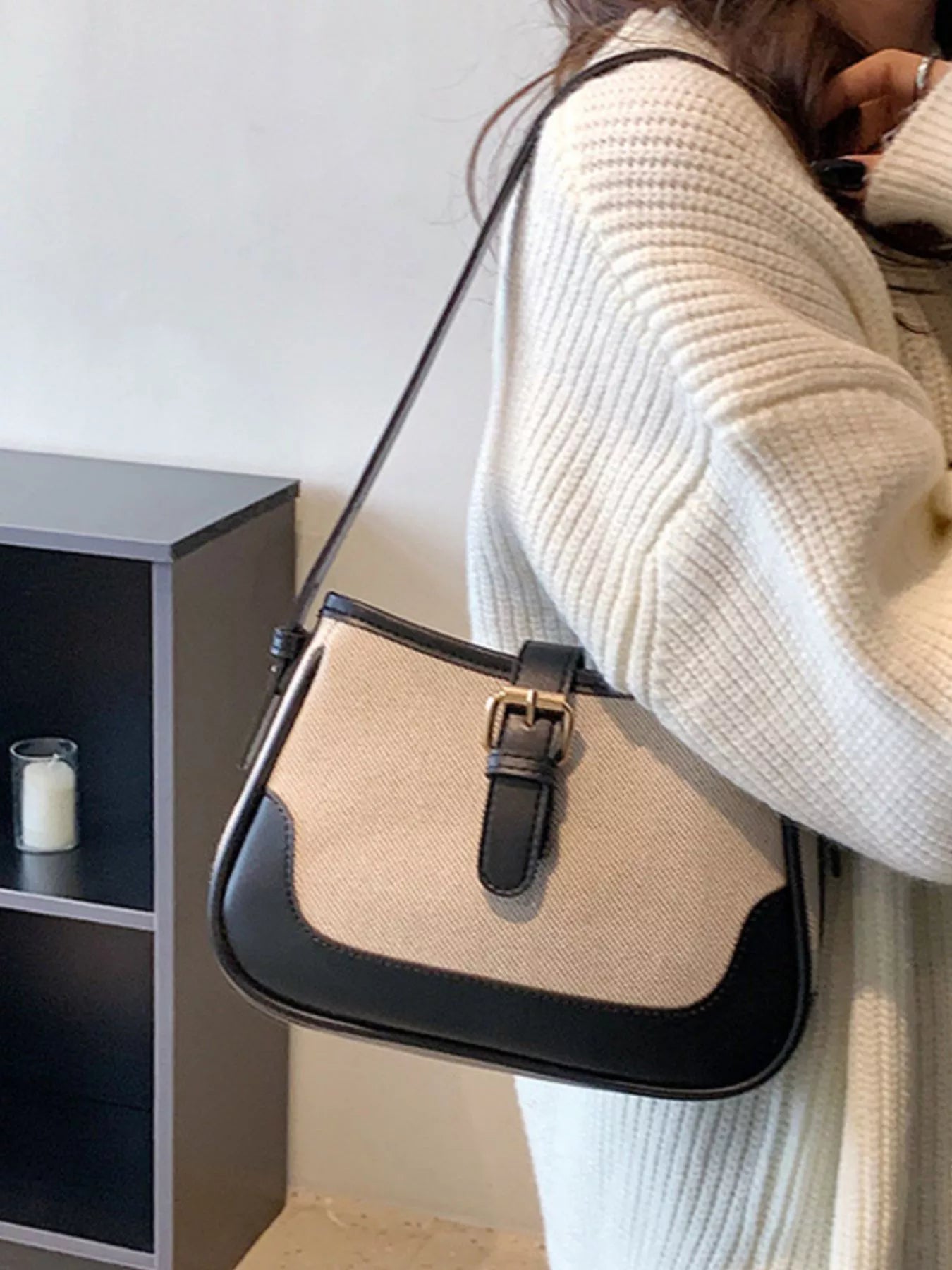 Contrast Buckle Shoulder Bag in Dust Storm for Women