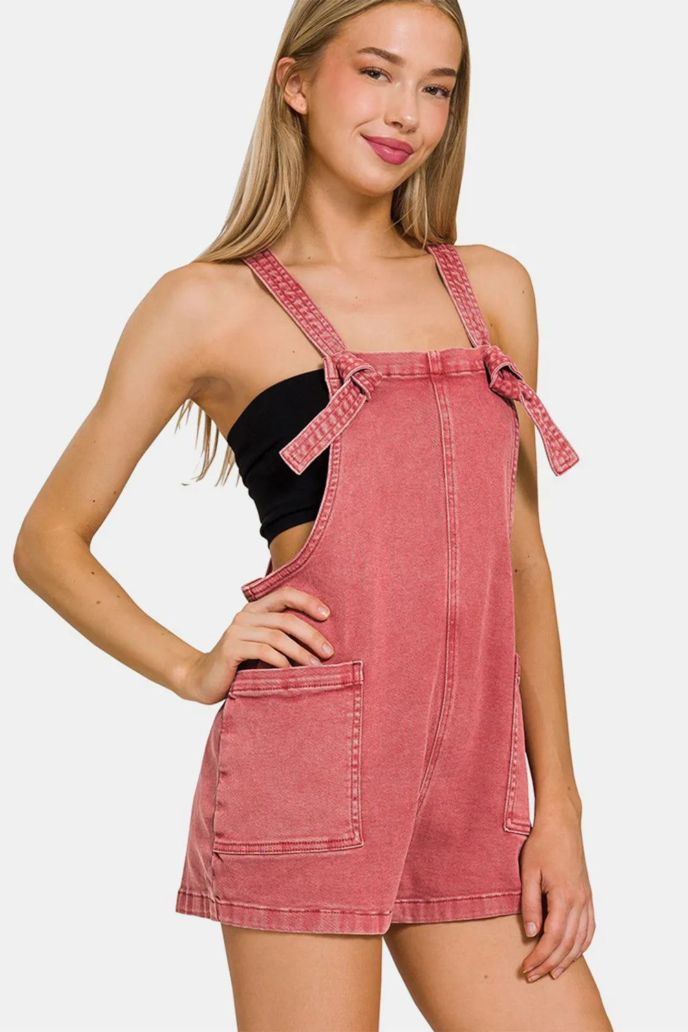 Washed Knot Strap Rompers in Cabernet for Women