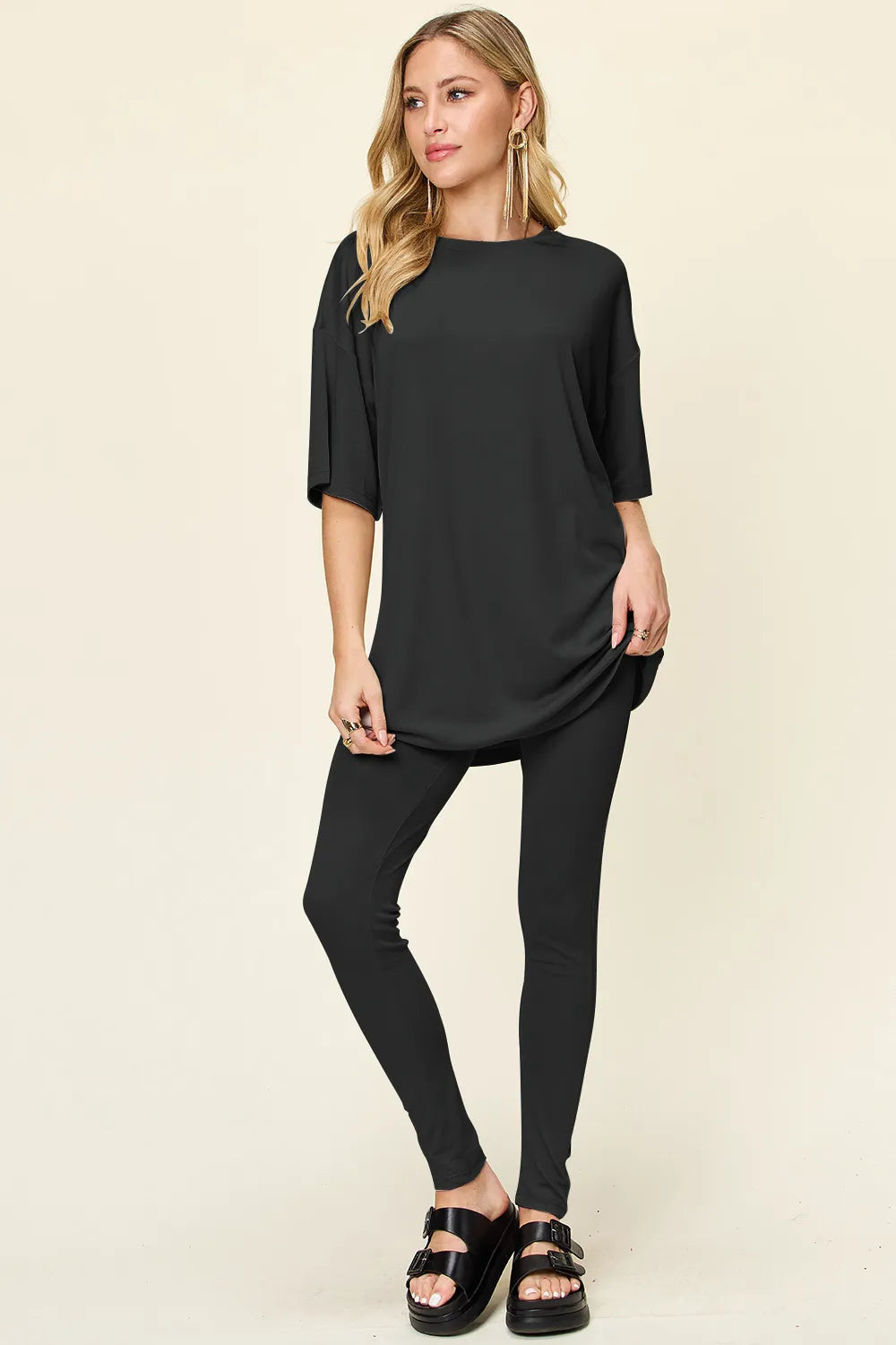 Plus Size Round Neck Dropped Shoulder T-Shirt and Leggings Set in Dusty Pink for Women