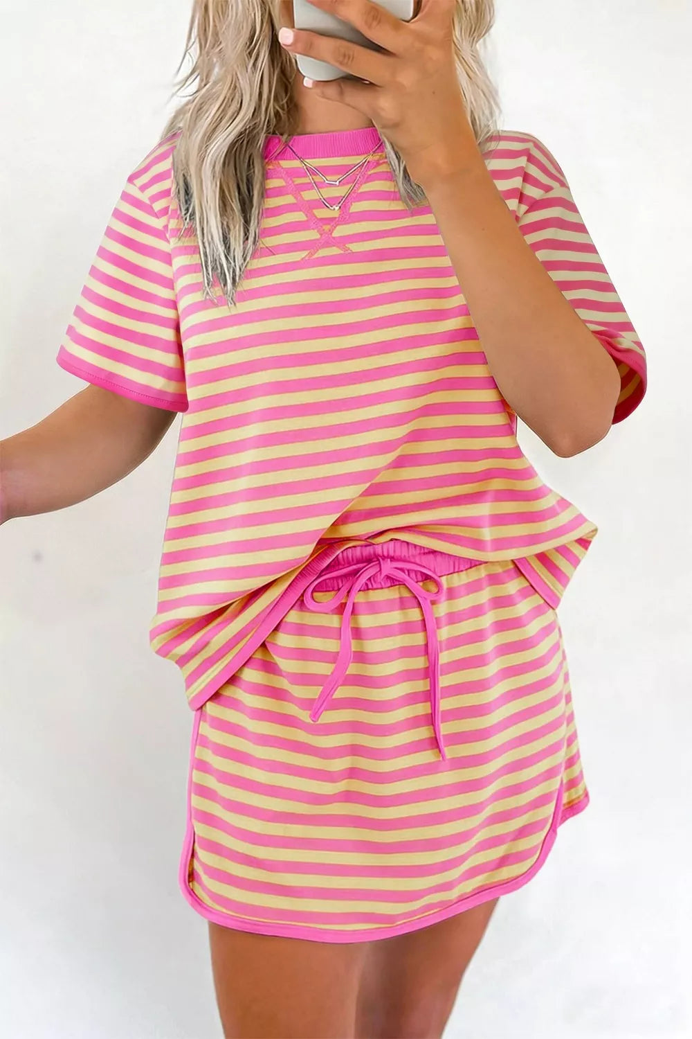Striped Round Neck Tee and Shorts Casual Set in Blush Pink for Women