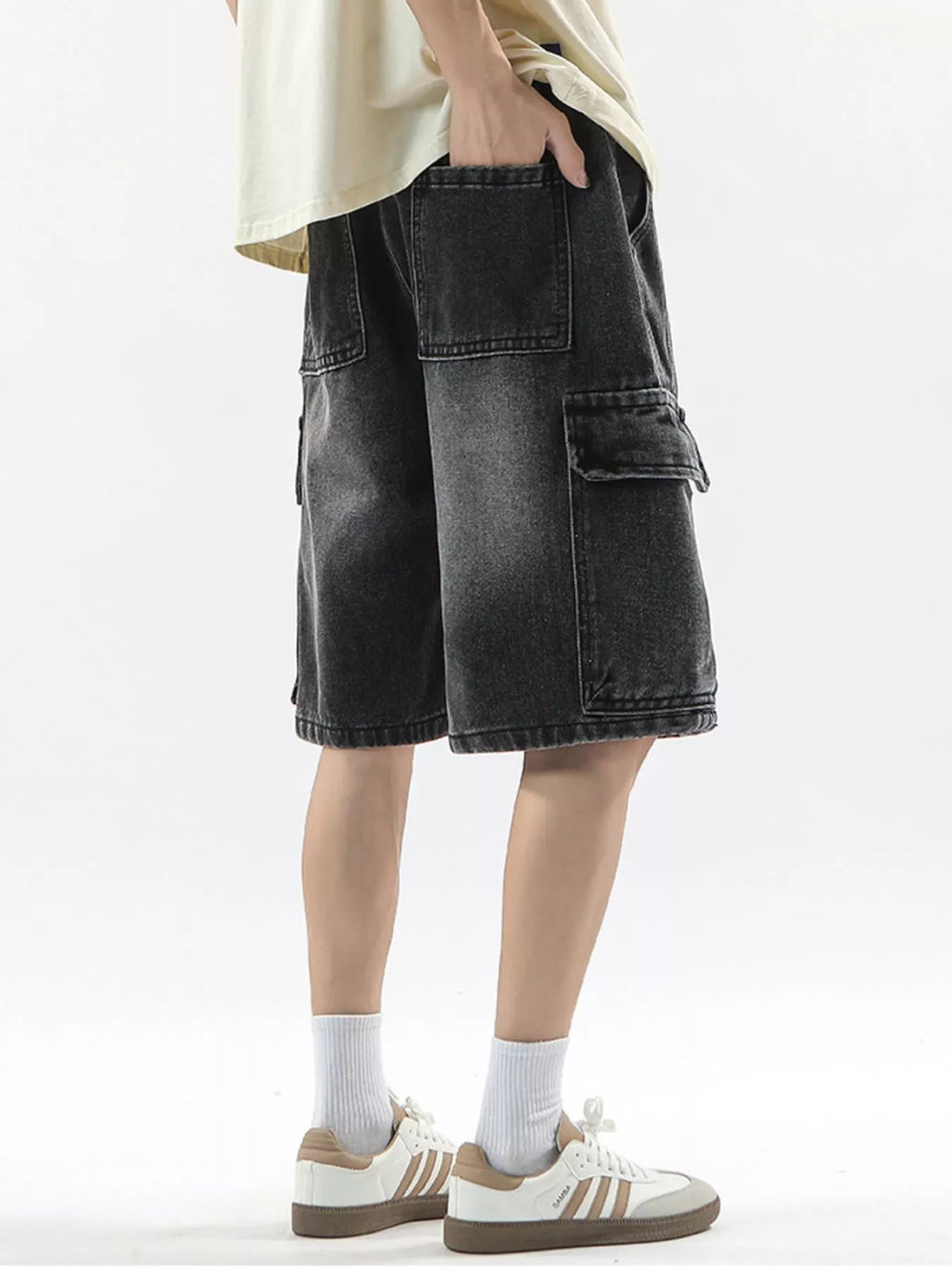Wash Drawstring Cargo Shorts Plus Size in Vintage Blue for Men