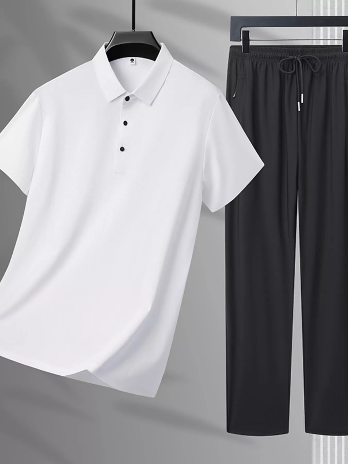 Plus Size Button Detail Polo and Pants Set in White for Men