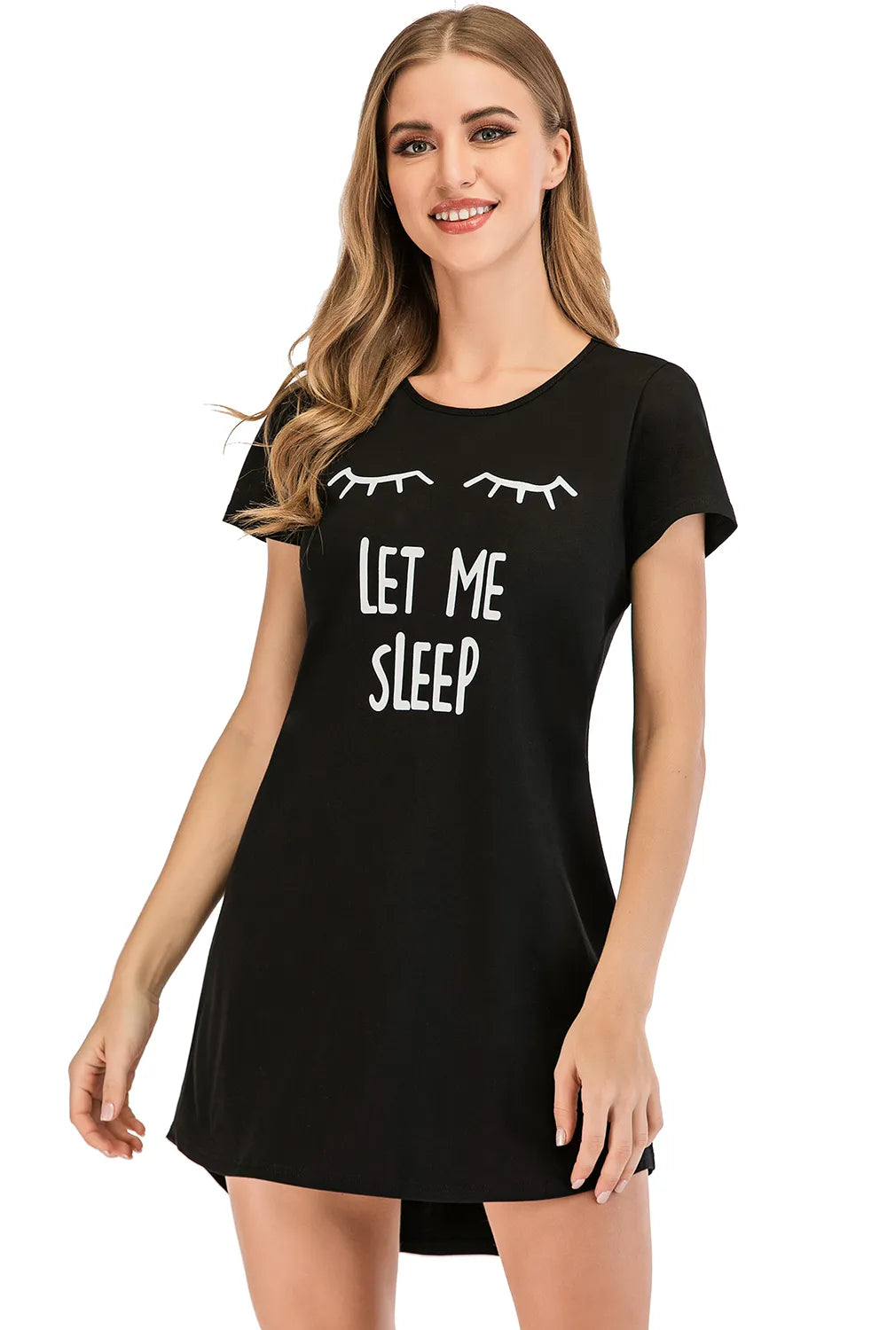 Graphic Round Neck Short Sleeve Lounge Dress in Black for Women