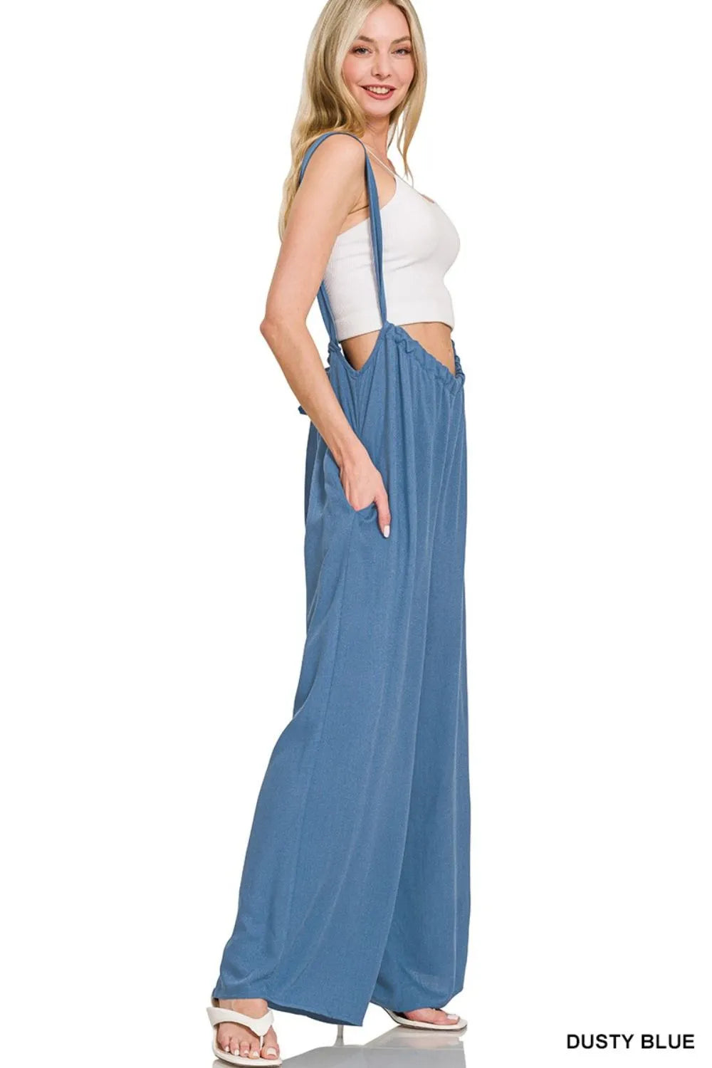Woven Tie Back Suspender Jumpsuit in Dusty Blue for Women