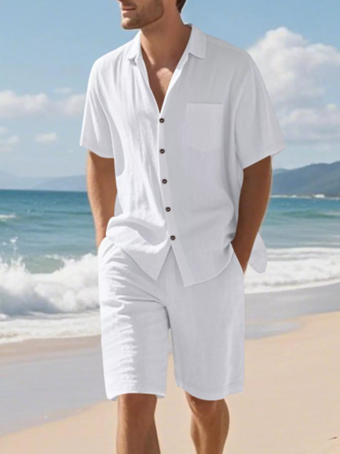 Casual Button Up Shirt and Shorts Set Plus Size in Black for Men