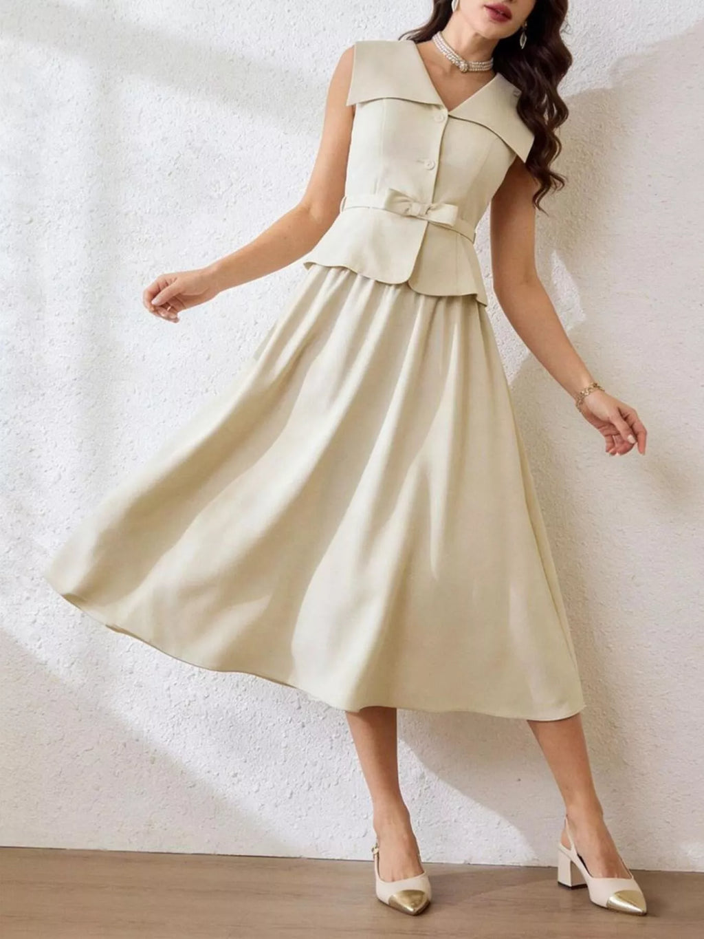 Sleeveless Top and Midi Skirt Set in Beige for Women