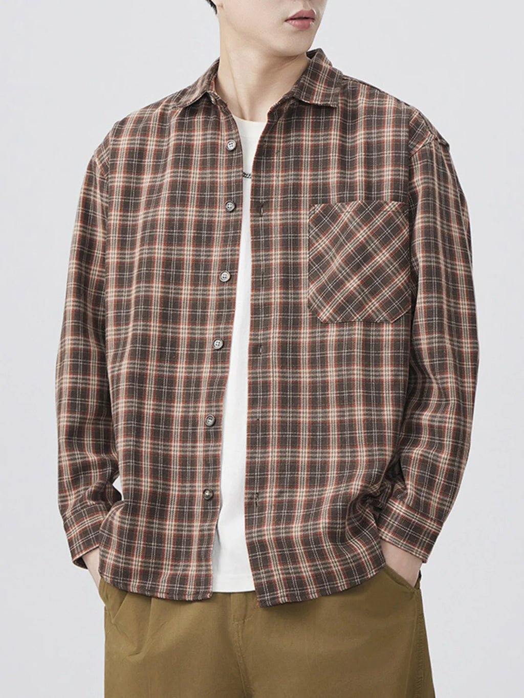 Plus Size Casual Plaid Long Sleeve Shirt in Brown for Men