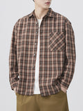 Plus Size Casual Plaid Long Sleeve Shirt in Brown for Men