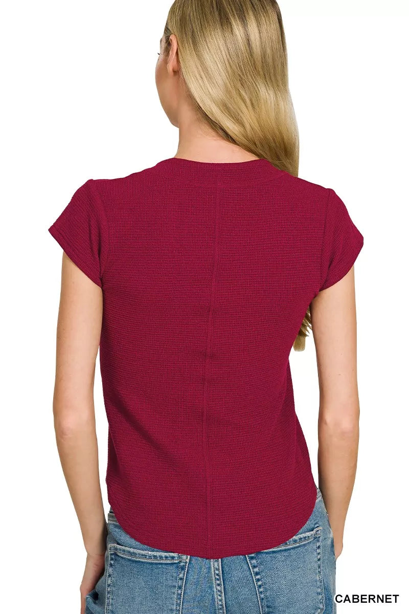 Double Knit Snap Button Short Sleeve Shirt in Cabernet for Women