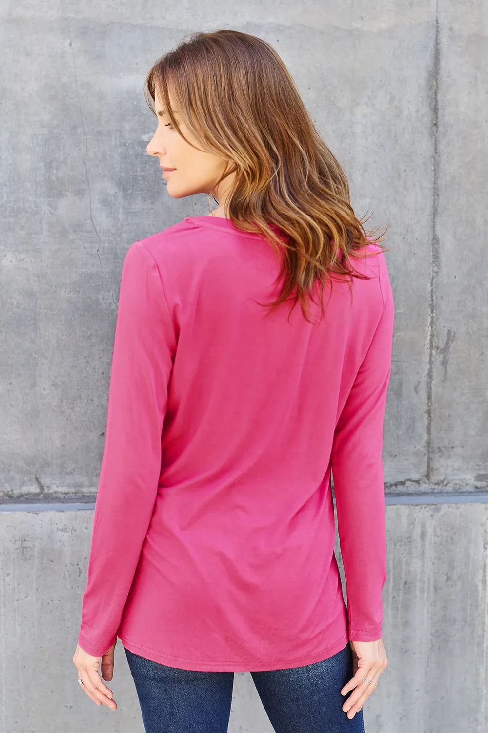 Plus Size V-Neck Long Sleeve Top in Hot Pink for Women