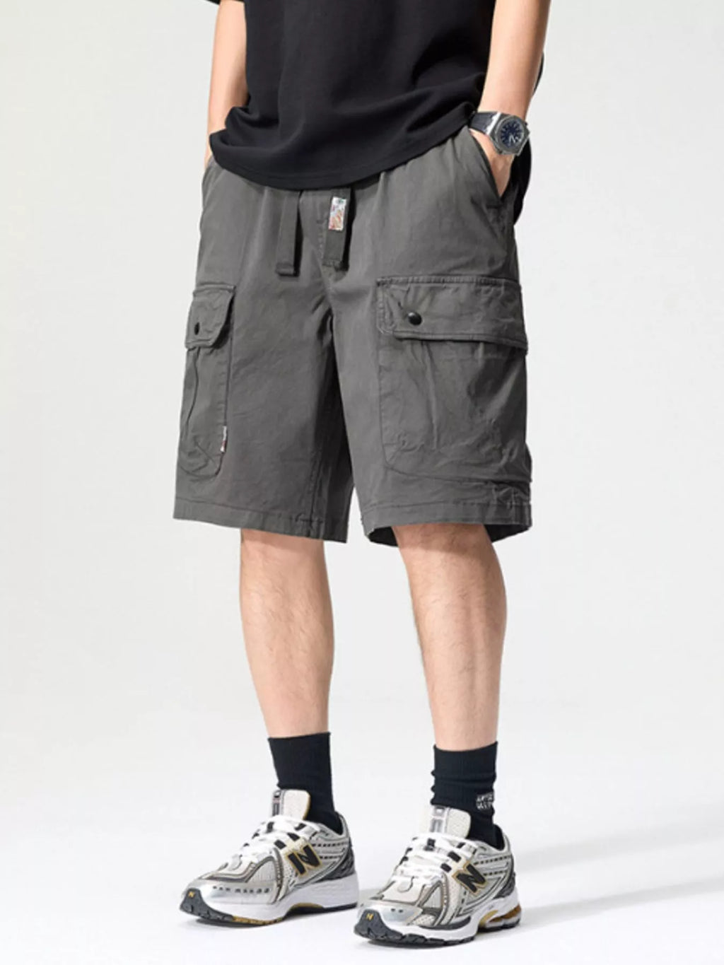 Drawstring Loose Fit Shorts Plus Size in Black in Medium Gray for Men