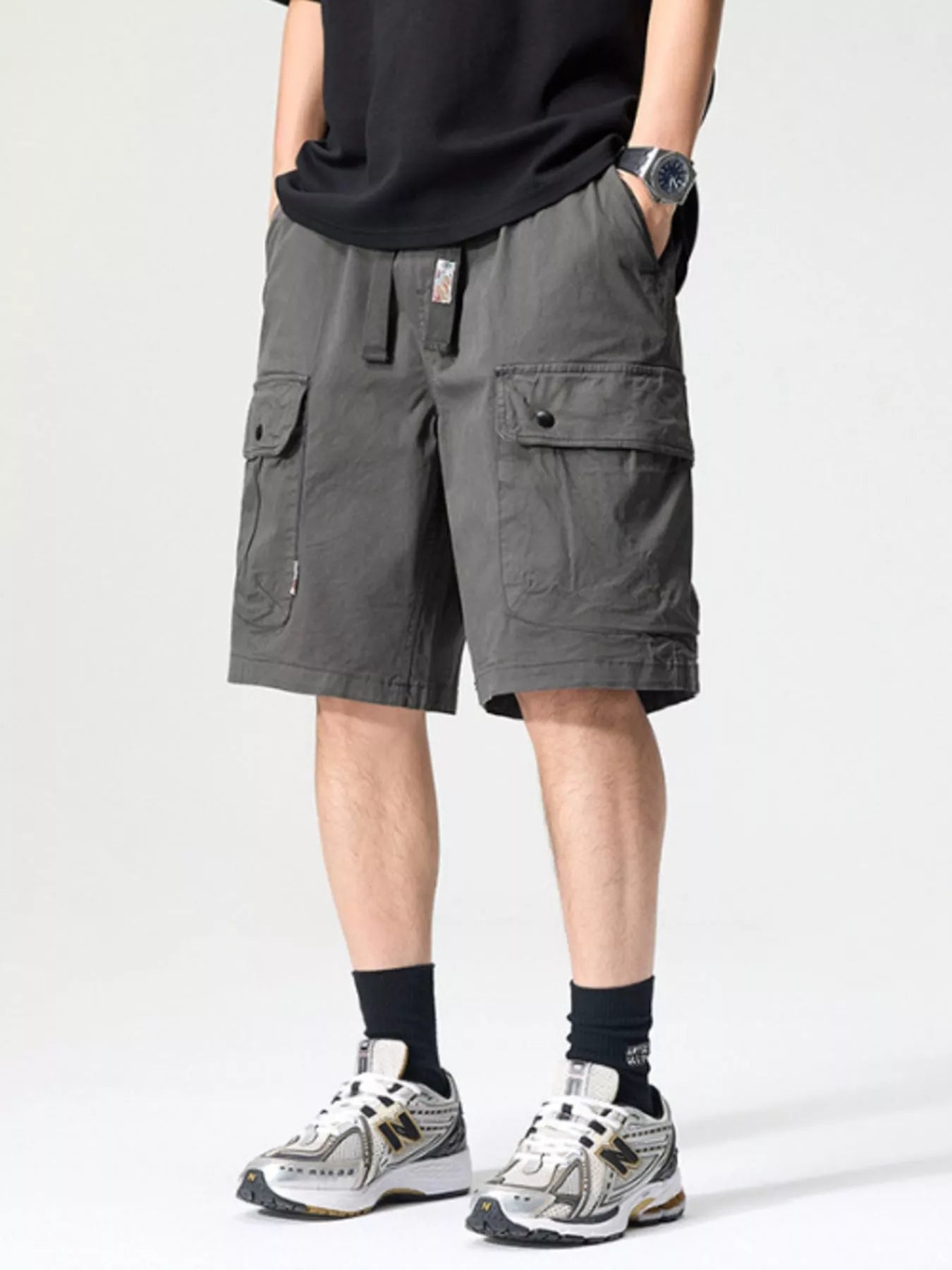 Drawstring Loose Fit Shorts Plus Size in Black in Medium Gray for Men