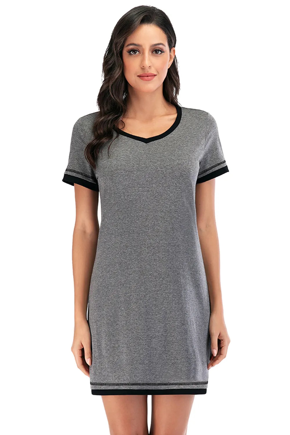 Contrast Trim Short Sleeve Lounge Dress in Deep Teal for Women