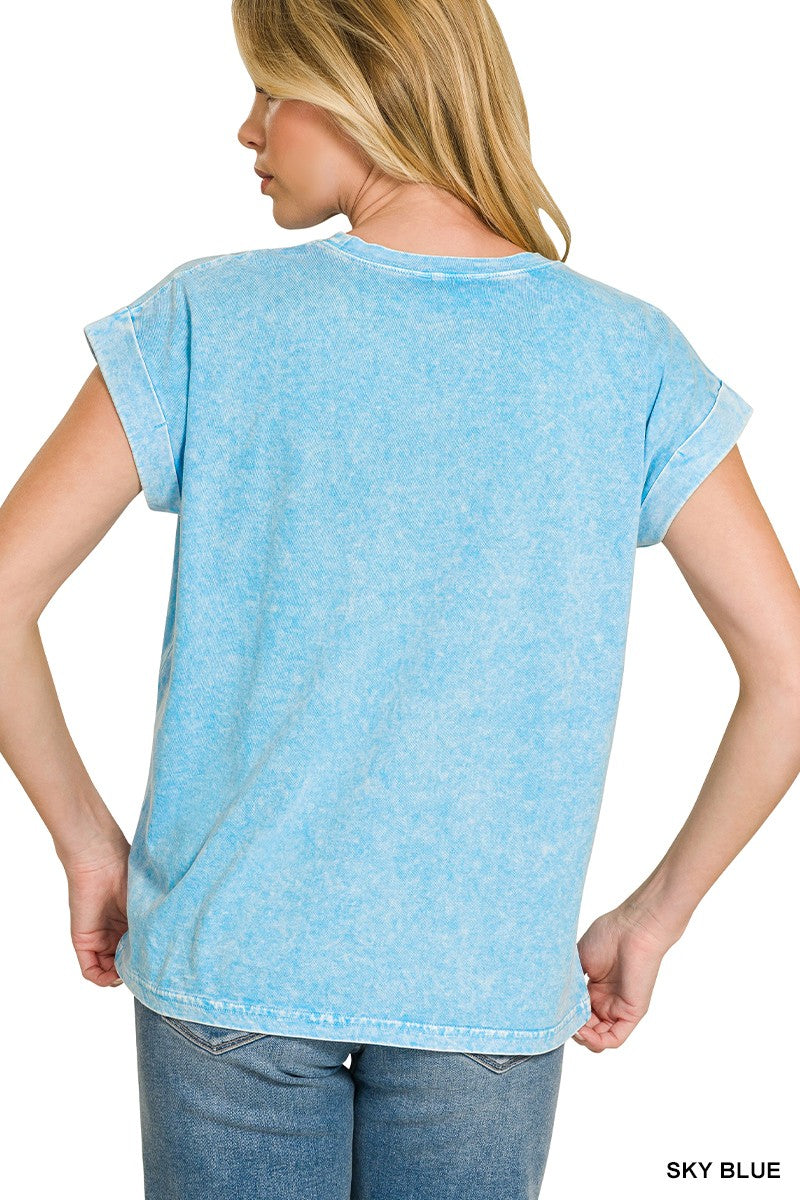 Halo Snow Washed Cuffed Short Sleeve Tee in Sky Blue for Women