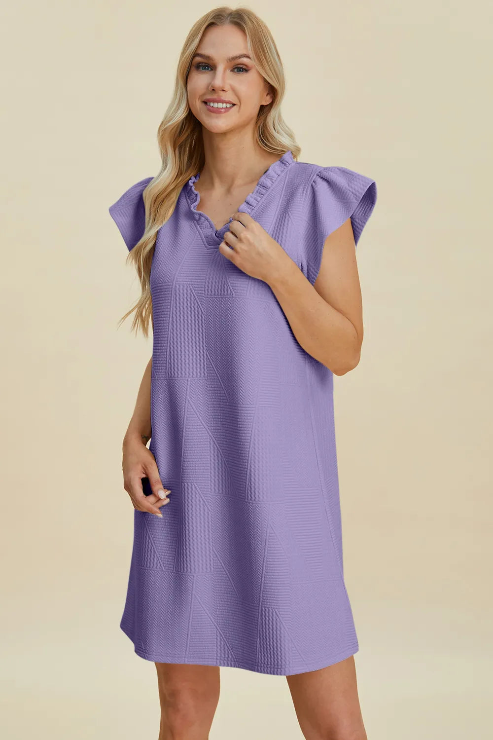 Plus Size Ruffled V-Neck Cap Sleeve Dress in Cream for Women