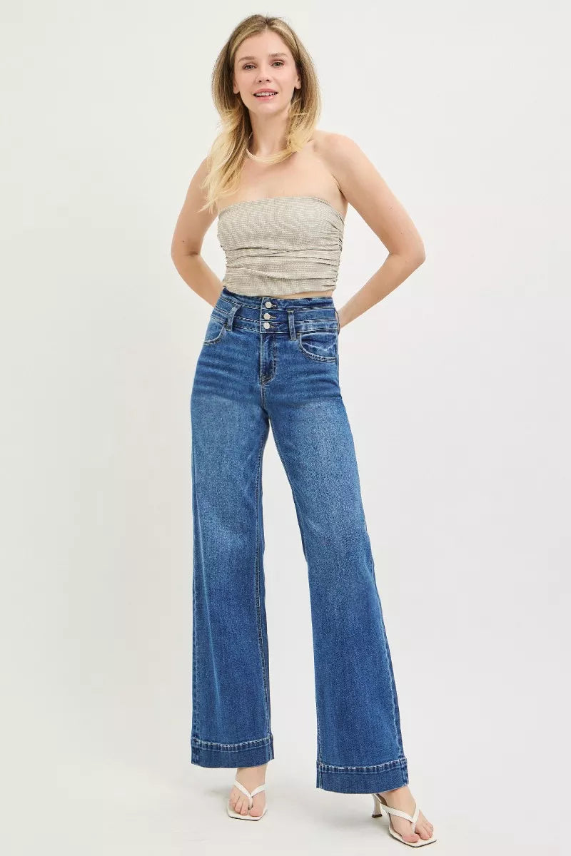High Rise Wide Leg Wide Band Detail Jeans in Dark for Women