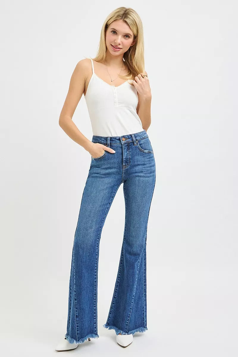 Mid Rise Flare Side Seam Detailing Jeans in Dark for Women