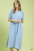Gingham Midi Dress with Side Pockets in Blue for Women