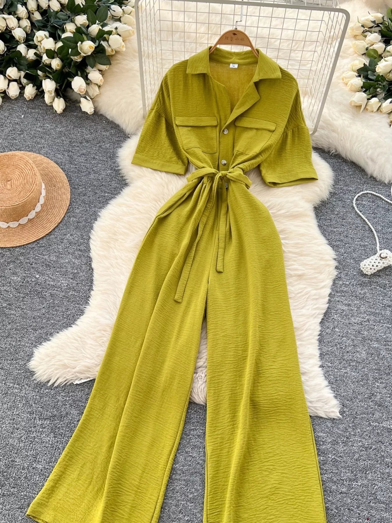 Pink Tie Waist Wide Leg Jumpsuit for Women