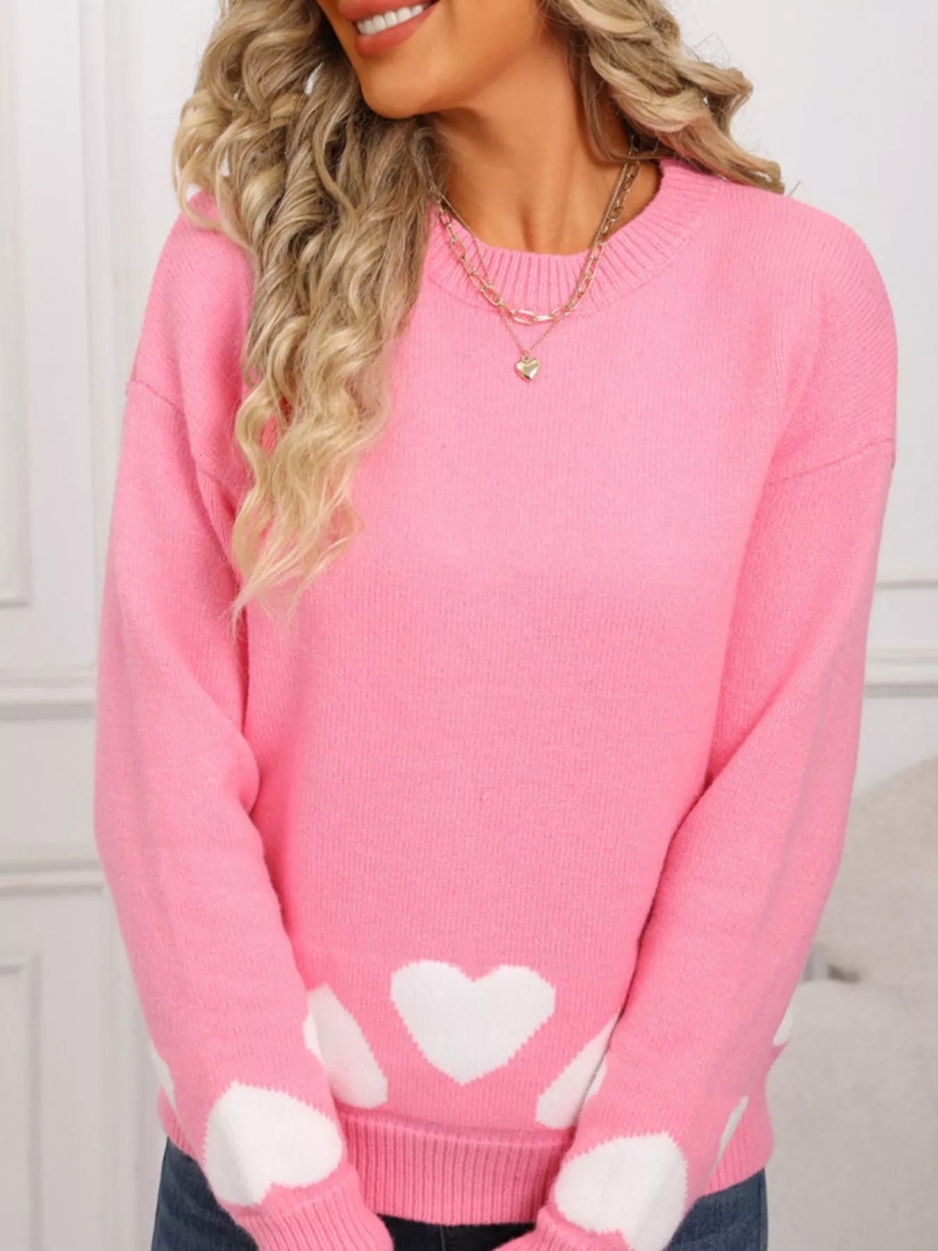 Valentines Day Heart Crew Neck Sweater in Red for Women