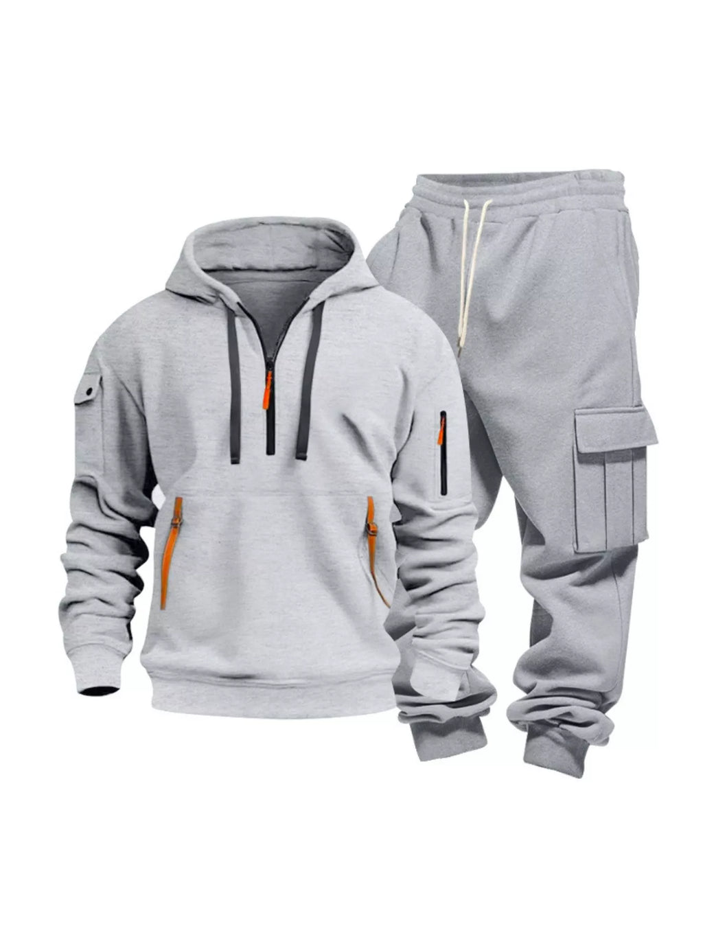 Half Zip Hoodie and Cargo Pants Set Plus Size in Camel for Men