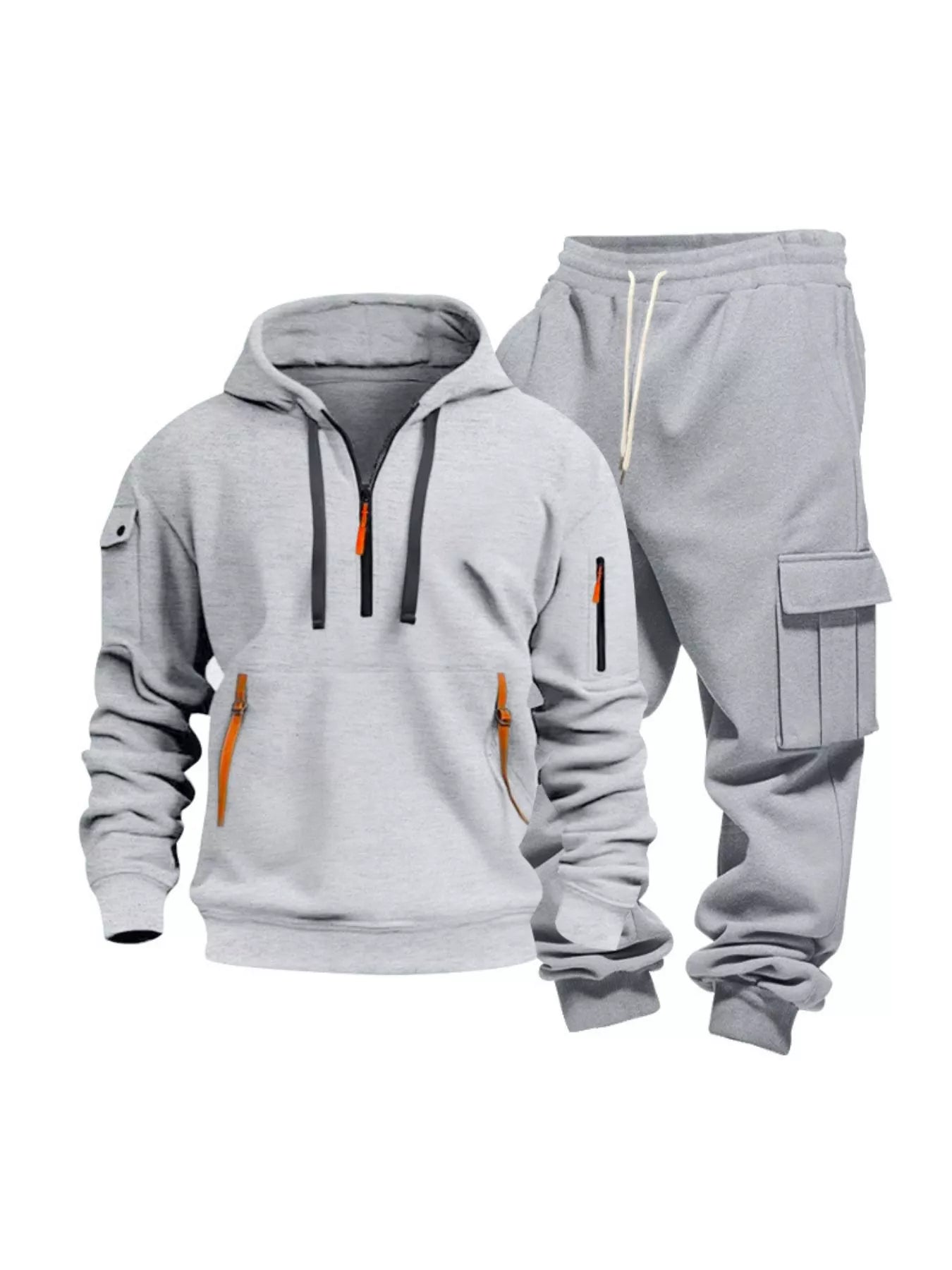 Half Zip Hoodie and Cargo Pants Set Plus Size in Camel for Men