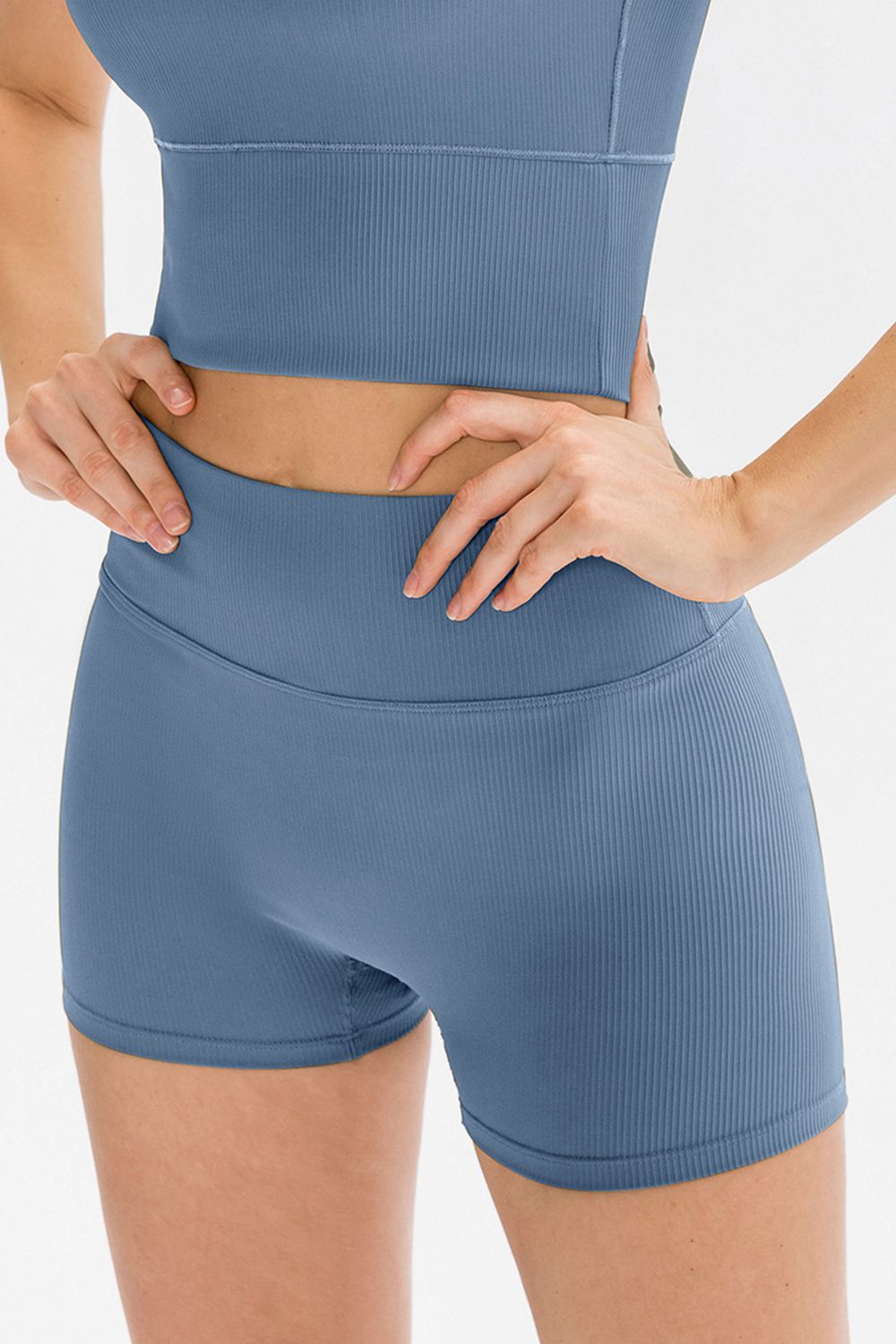 Slim Fit Wide Waistband Sports Shorts in Light Blue for Women