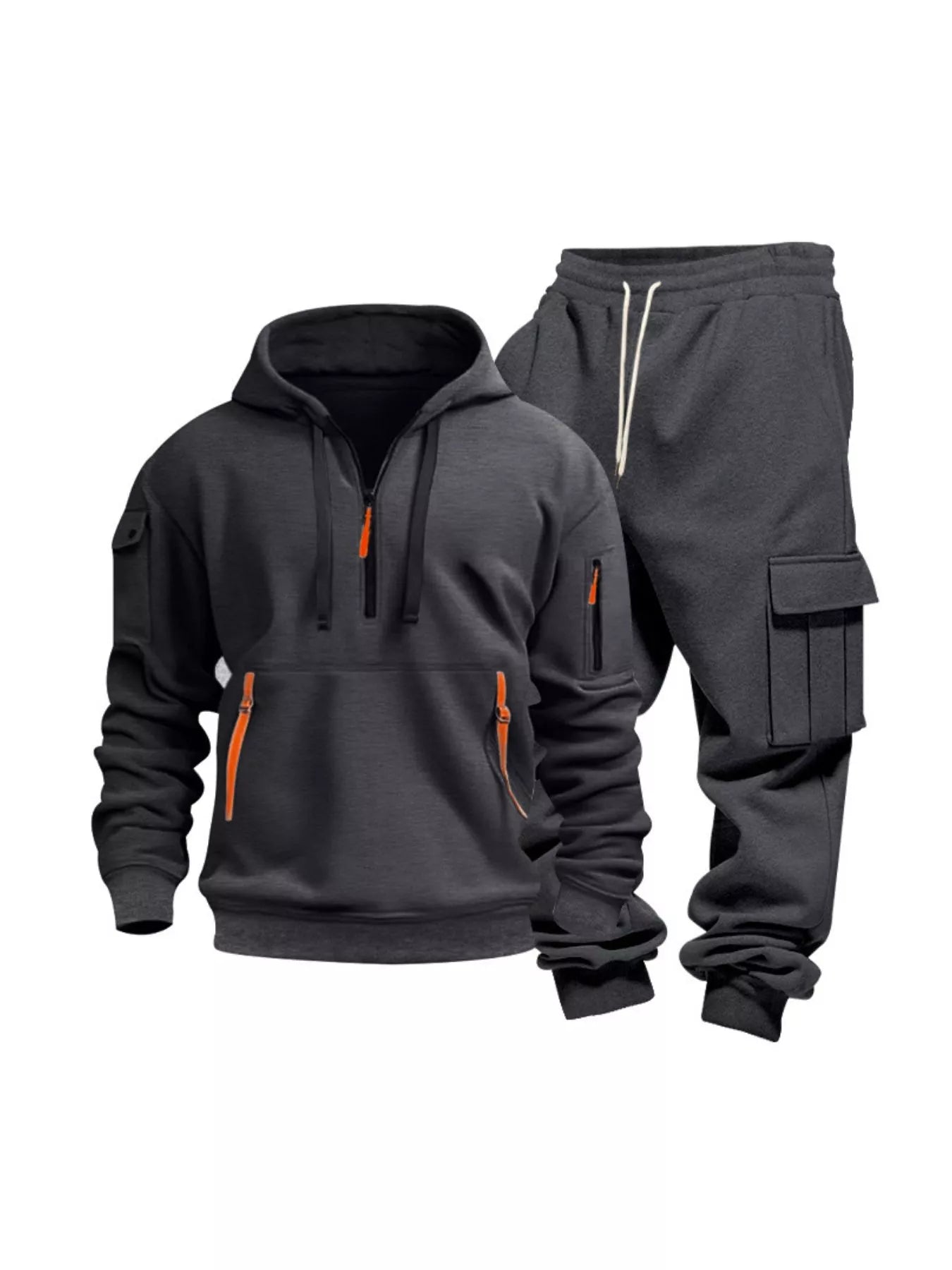 Half Zip Hoodie and Cargo Pants Set Plus Size in Black for Men