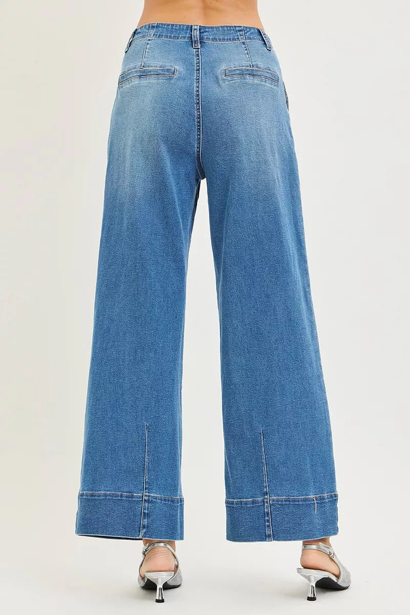 Slouchy Wide Leg Jeans with Pleats in Medium for Women