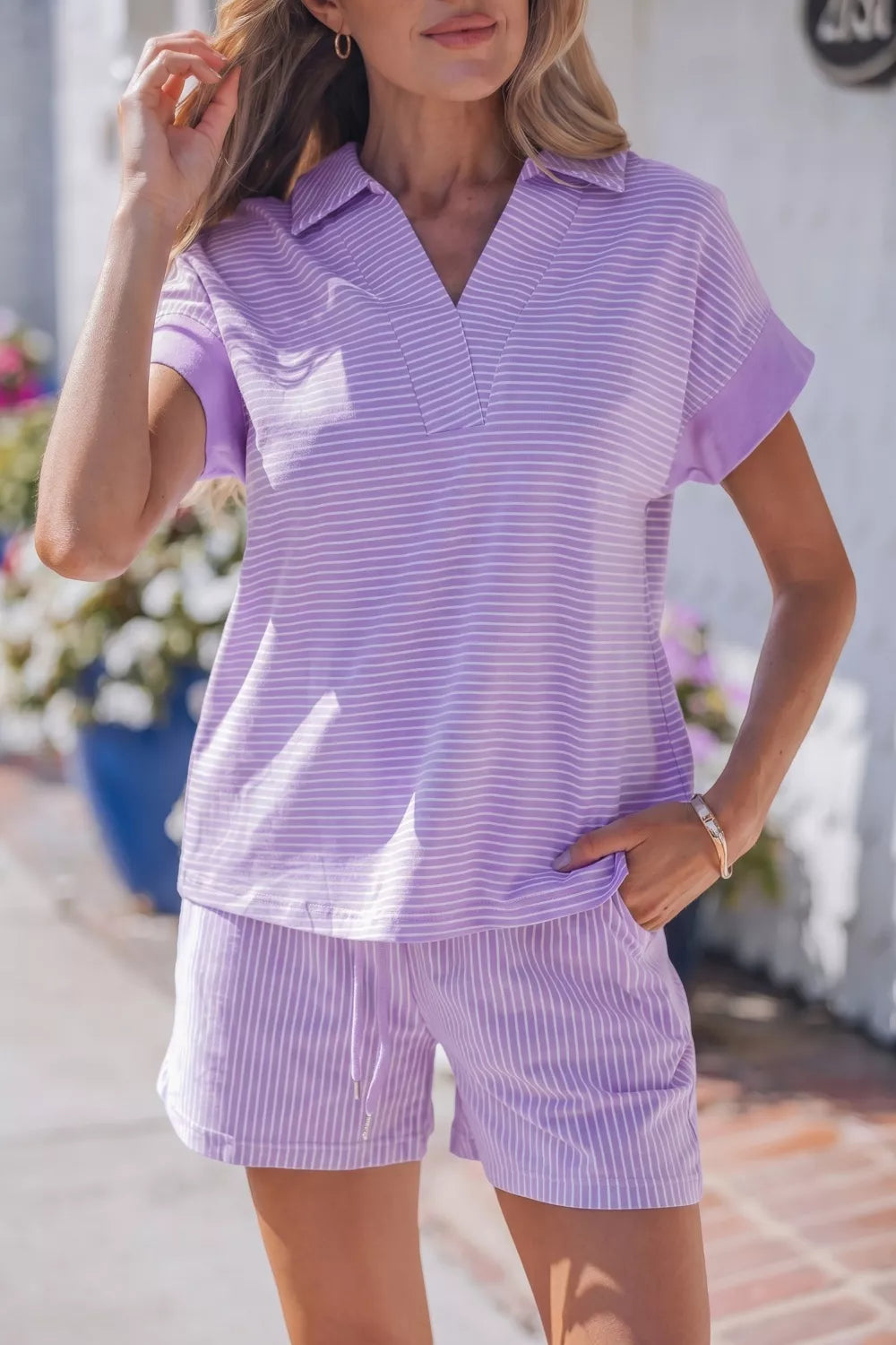 Stripe Dolman Sleeve Polo Shirt and Drawstring Shorts Set in Lilac for Women